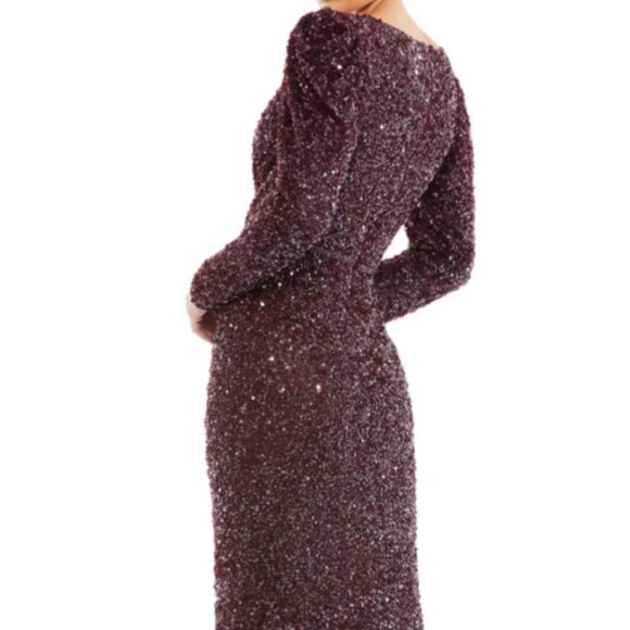 MAC DUGGAL 5510 PUFF SHOULDER SURPLICE SEQUINED MAHOGANY COLUMN GOWN sz 18 - Picture 5 of 7